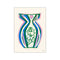 A stylized vase illustration in bold blue, green, and pink brushstrokes against a cream background. Features abstract floral elements within the vase, creating a bohemian and serene mood.
