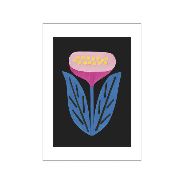 A stylized, abstract flower design featuring a pink and fuchsia bloom with yellow center details, set against a black background with two broad blue leaves below, accented with dark lines.