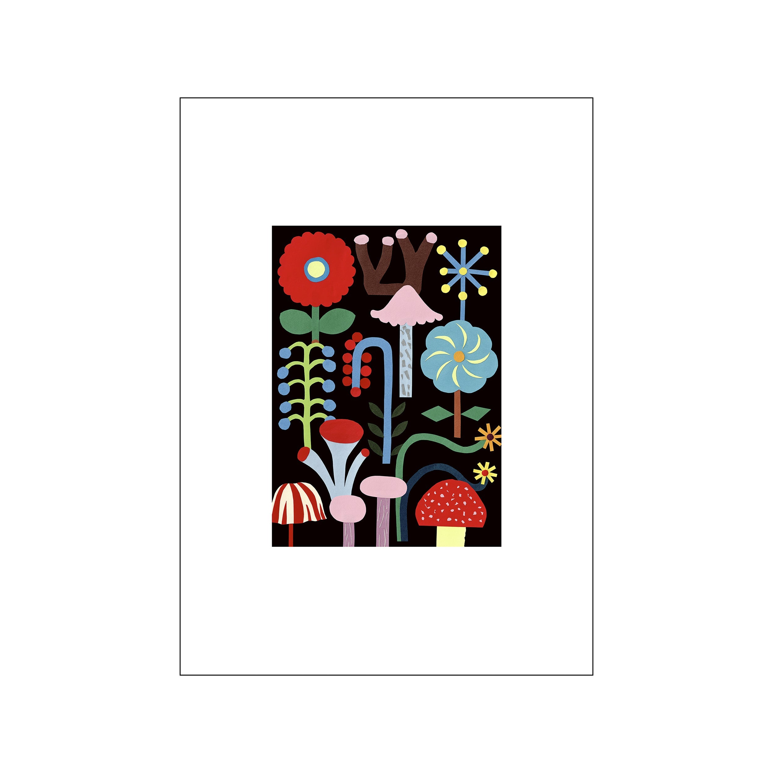A collection of stylized, colorful flowers and mushrooms in shades of red, blue, pink, and yellow pop against a solid black background, creating a whimsical, enchanted garden scene.