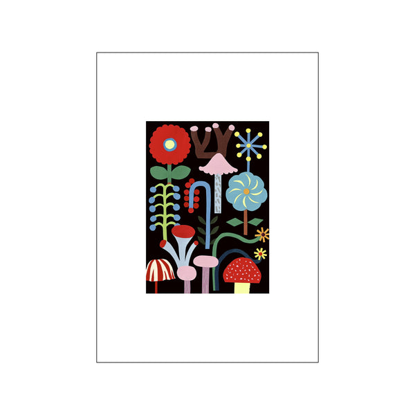 A collection of stylized, colorful flowers and mushrooms in shades of red, blue, pink, and yellow pop against a solid black background, creating a whimsical, enchanted garden scene.
