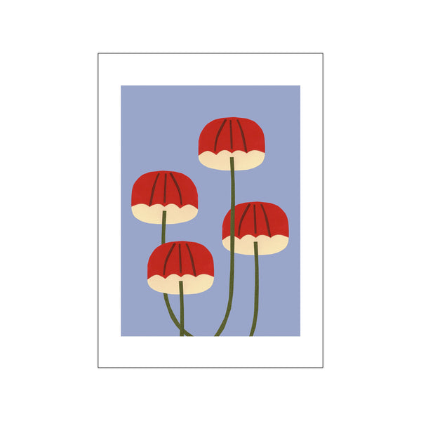 Four stylized red umbrella mushrooms with creamy undersides and thin green stems are depicted against a soft periwinkle blue background, creating a whimsical and organic visual.
