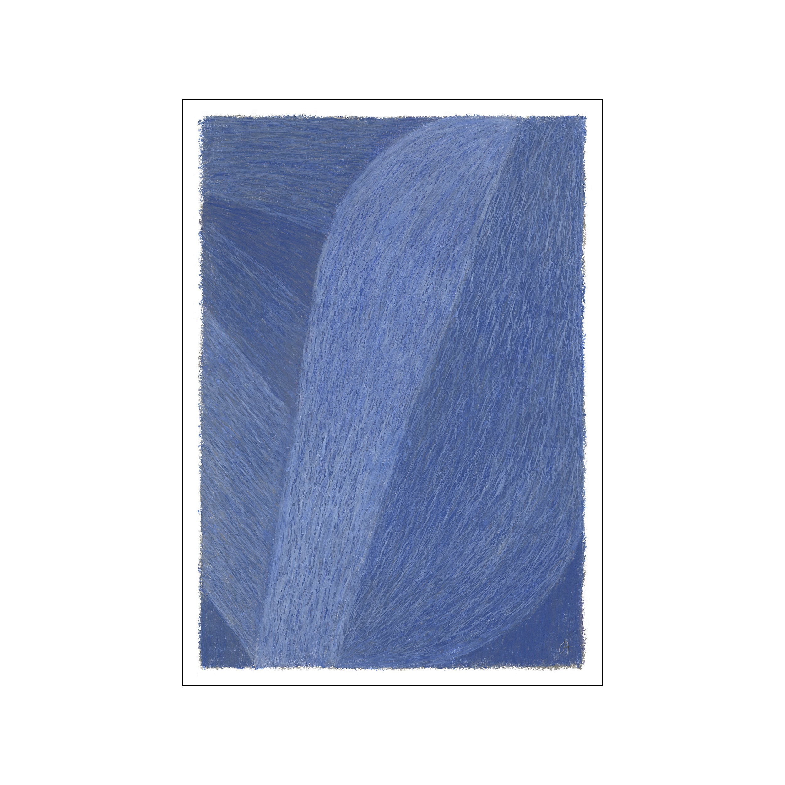 Abstract artwork featuring layered brushstrokes in varying shades of blue, with a curved form dominating the composition, evoking a sense of depth and tranquil movement.