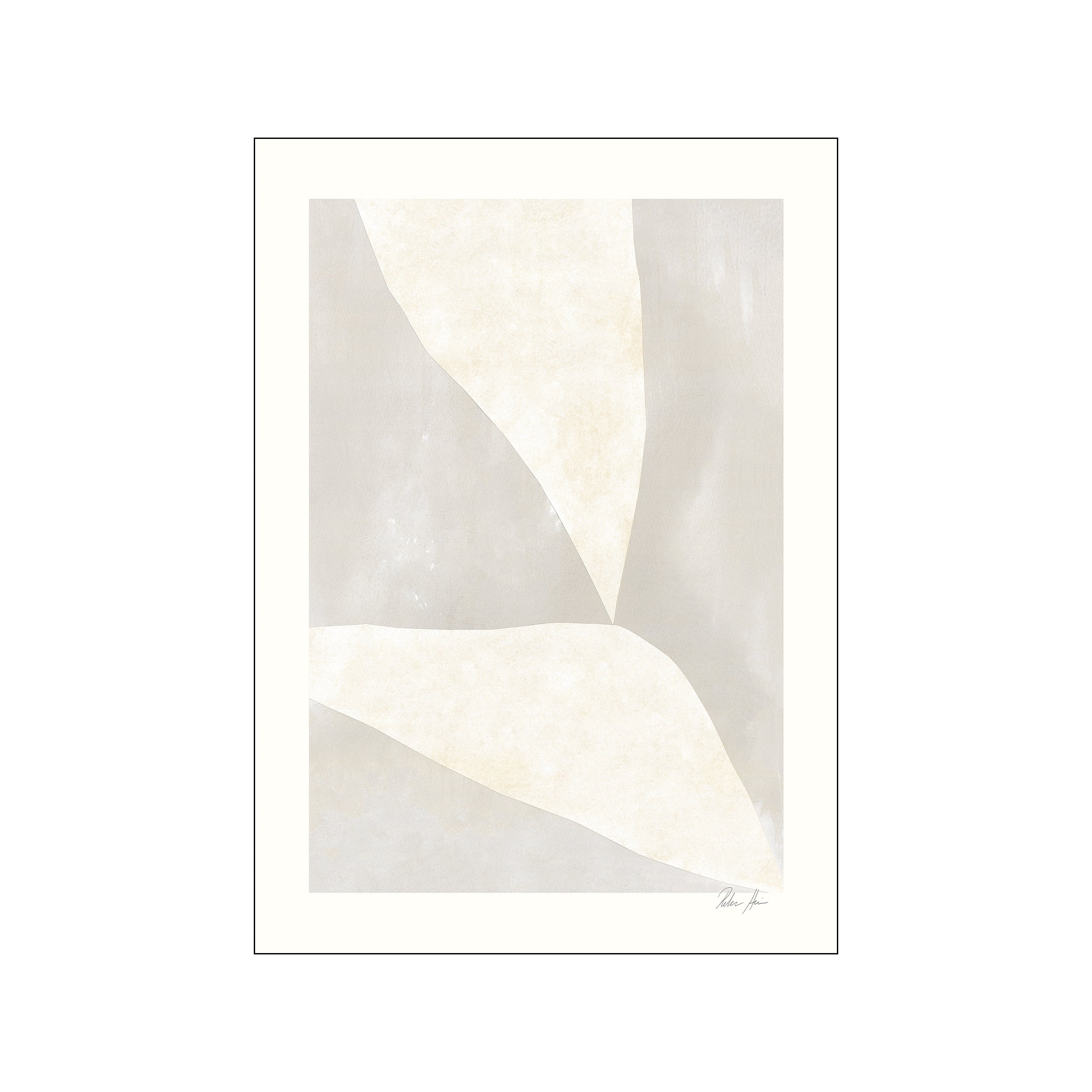 Abstract artwork featuring soft, overlapping organic shapes in creamy beige and muted white, with a textured, painterly feel. The composition is serene and modern.