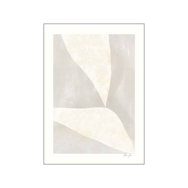 Abstract artwork featuring soft, overlapping organic shapes in creamy beige and muted white, with a textured, painterly feel. The composition is serene and modern.