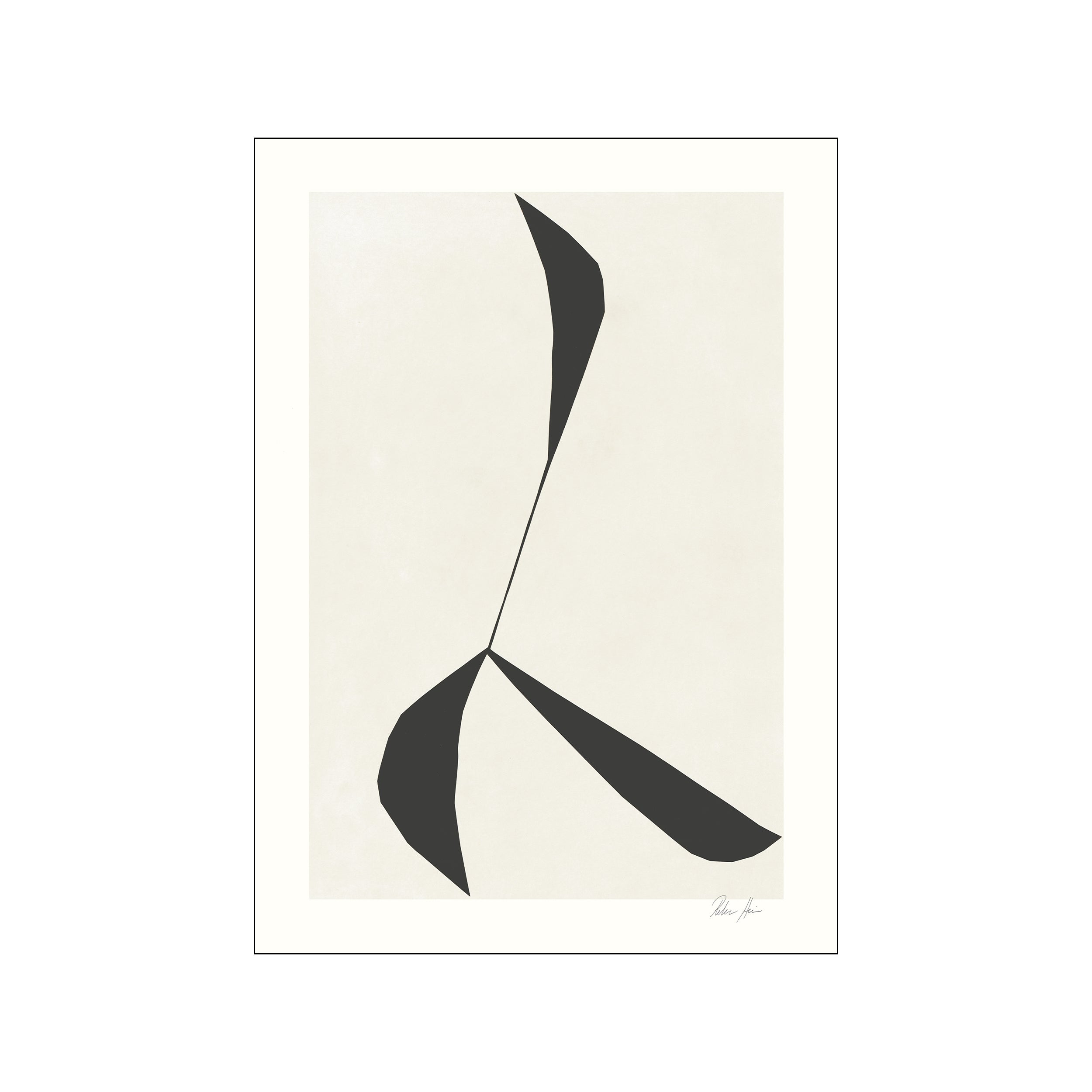 An abstract composition featuring organic black shapes in motion against a textured cream background, suggesting a figure or dance.