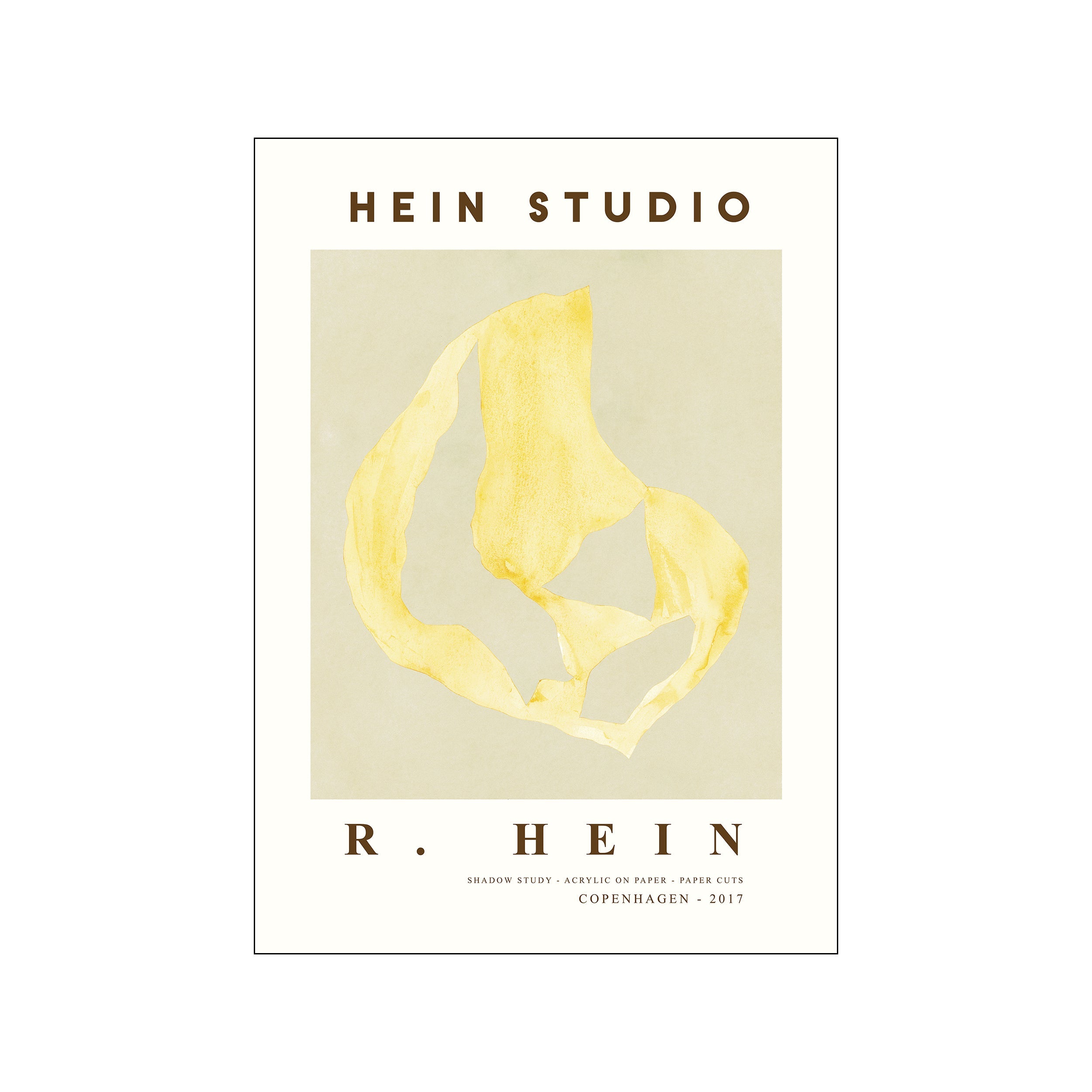 An abstract composition featuring a central, flowing form in soft yellow watercolor on a pale beige background. The artwork has a delicate, organic feel, evoking a sense of calm and light.