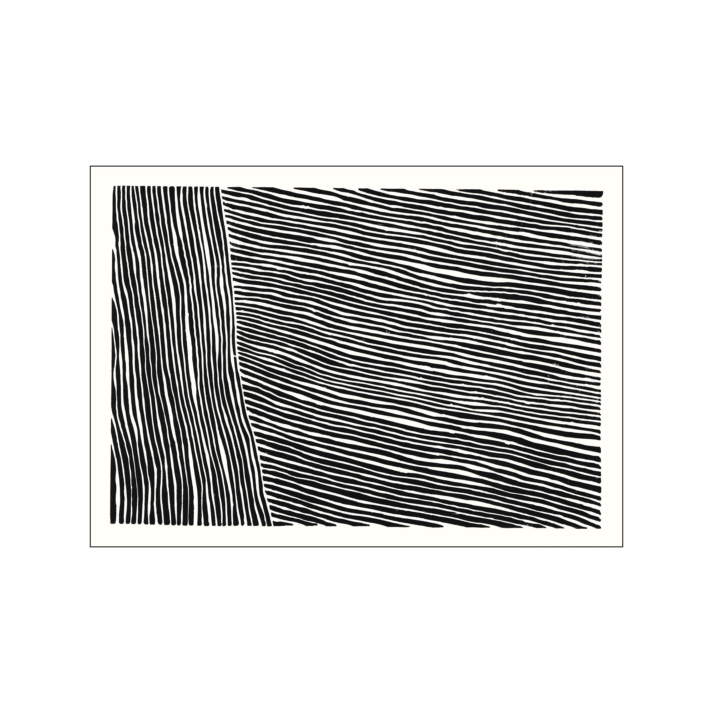Abstract black lines on a beige background. Vertical lines on the left transition to diagonal, undulating lines across the rest of the piece, creating a sense of movement and organic texture.