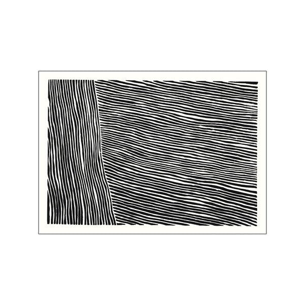 Abstract black lines on a beige background. Vertical lines on the left transition to diagonal, undulating lines across the rest of the piece, creating a sense of movement and organic texture.