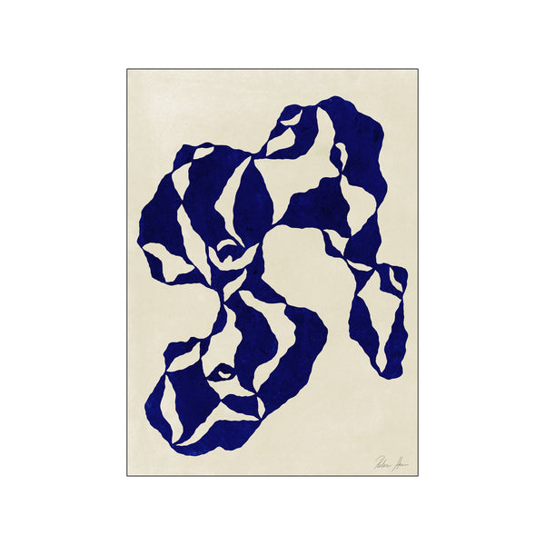 An abstract artwork featuring flowing, organic shapes in deep indigo set against a textured cream background. The composition feels fluid and dynamic, adding a touch of modern bohemian elegance to any room.