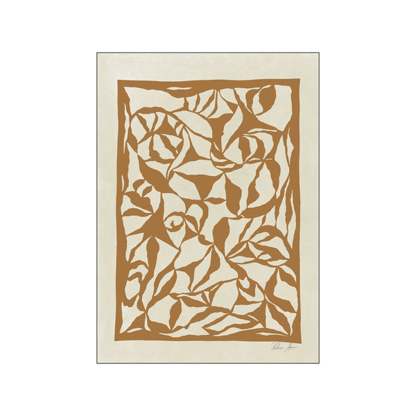 An abstract art piece featuring stylized, overlapping magnolia petals in warm brown against a textured creamy beige background, evoking a natural, organic feel.