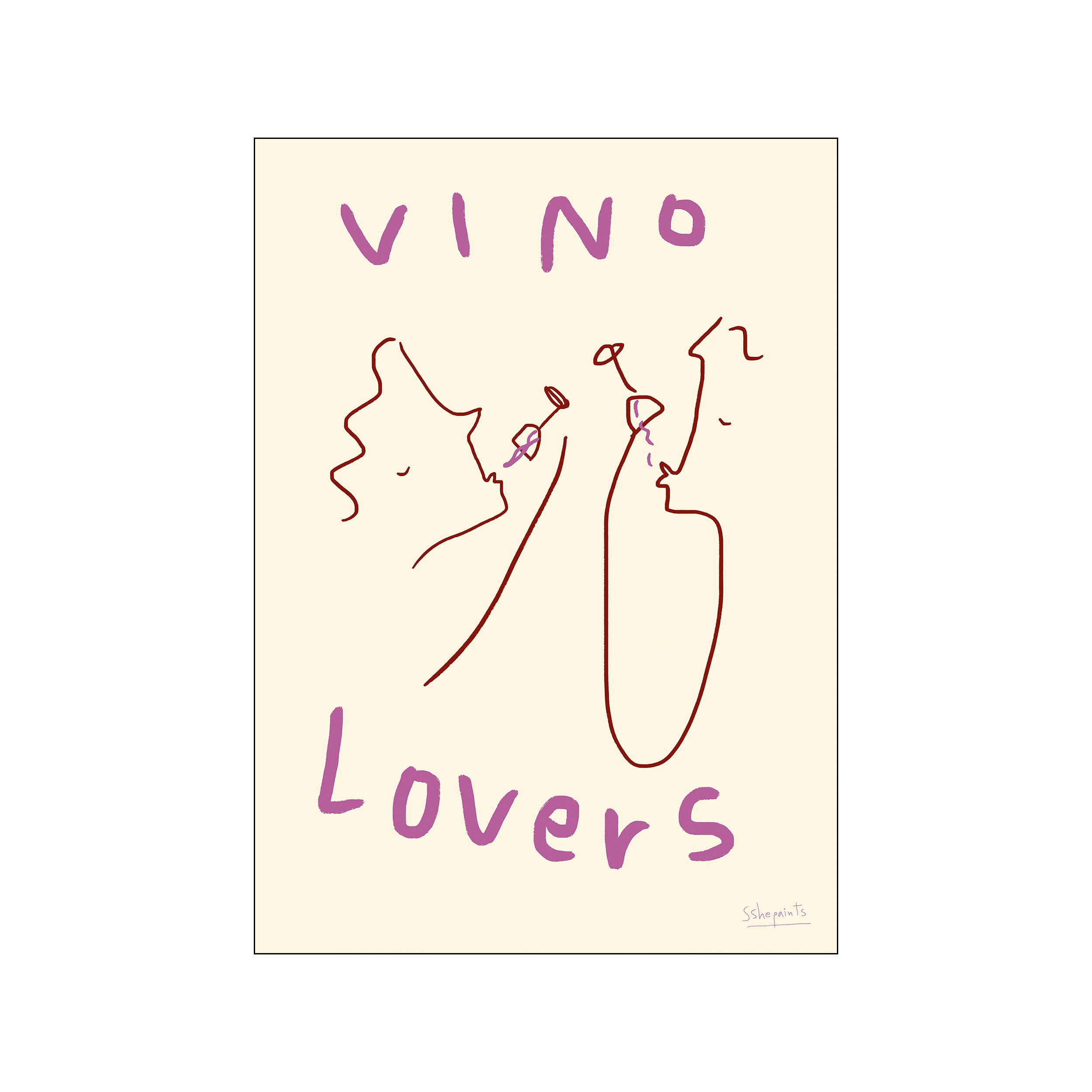 A whimsical line drawing of two figures toasting with wine glasses. The text 'Vino Lovers' is prominently displayed in purple lettering against a creamy beige background, evoking a feeling of joy and connection.