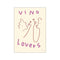A whimsical line drawing of two figures toasting with wine glasses. The text 'Vino Lovers' is prominently displayed in purple lettering against a creamy beige background, evoking a feeling of joy and connection.