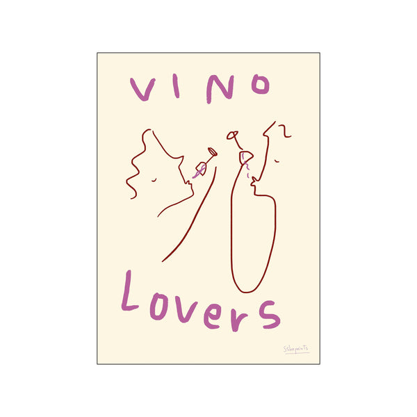 A whimsical line drawing of two figures toasting with wine glasses. The text 'Vino Lovers' is prominently displayed in purple lettering against a creamy beige background, evoking a feeling of joy and connection.