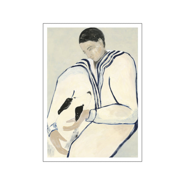 art print by Sofia Lind showing a seated figure in cream and navy tones gently holding a black-and-white dog