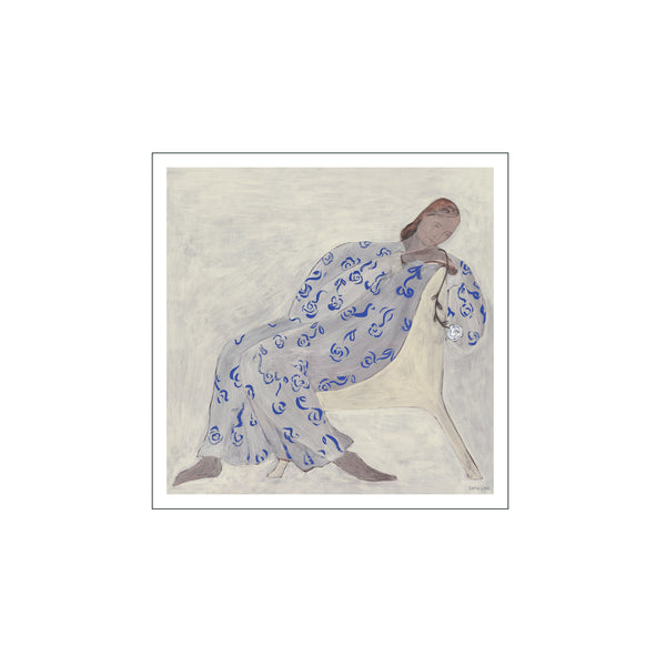 art print by Sofia Lind showing a reclining figure in a cream chair wearing a robe patterned with blue details