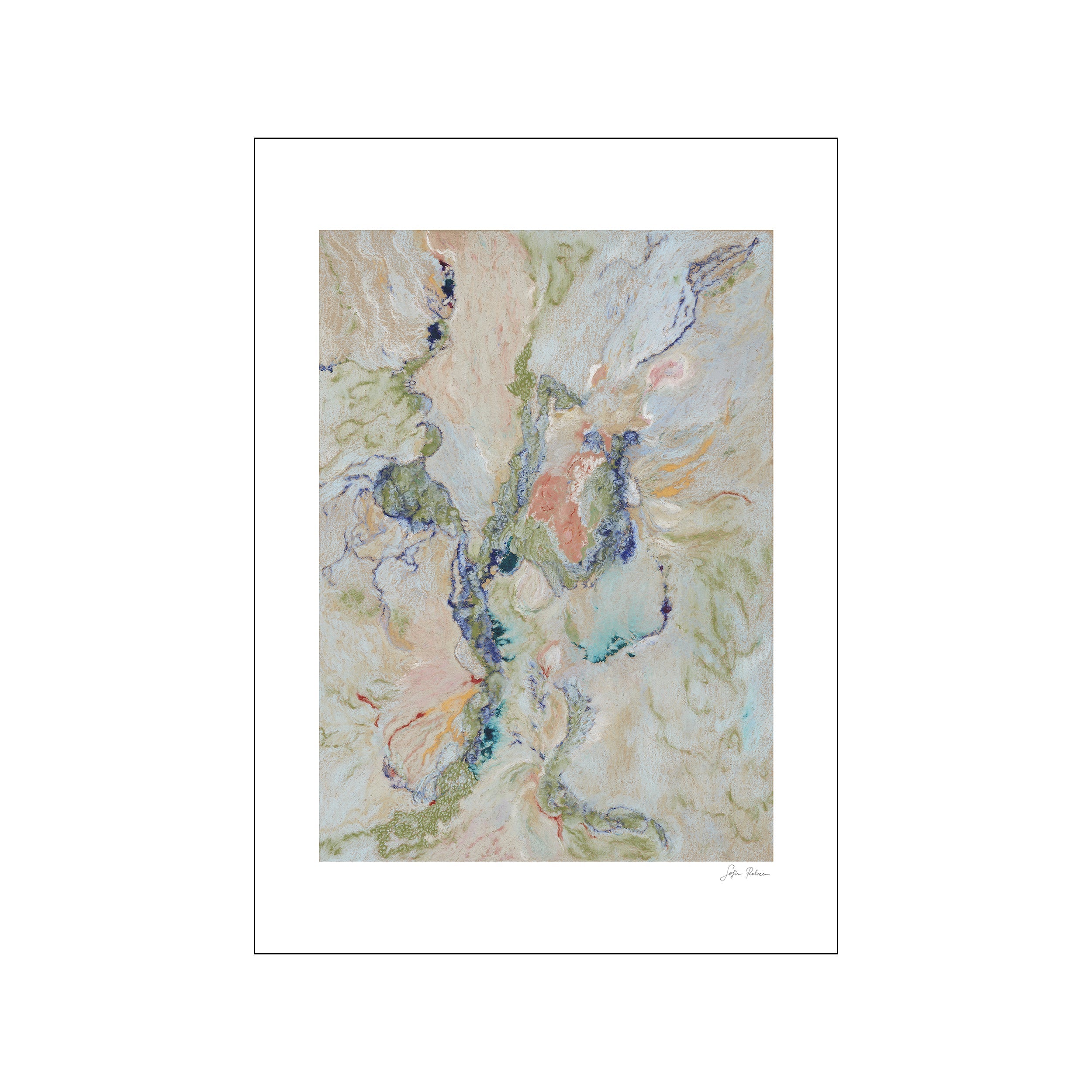 An abstract painting with flowing, organic lines in muted greens, sandy beiges, and soft pastel hues, creating a serene and dreamlike atmosphere reminiscent of natural textures.