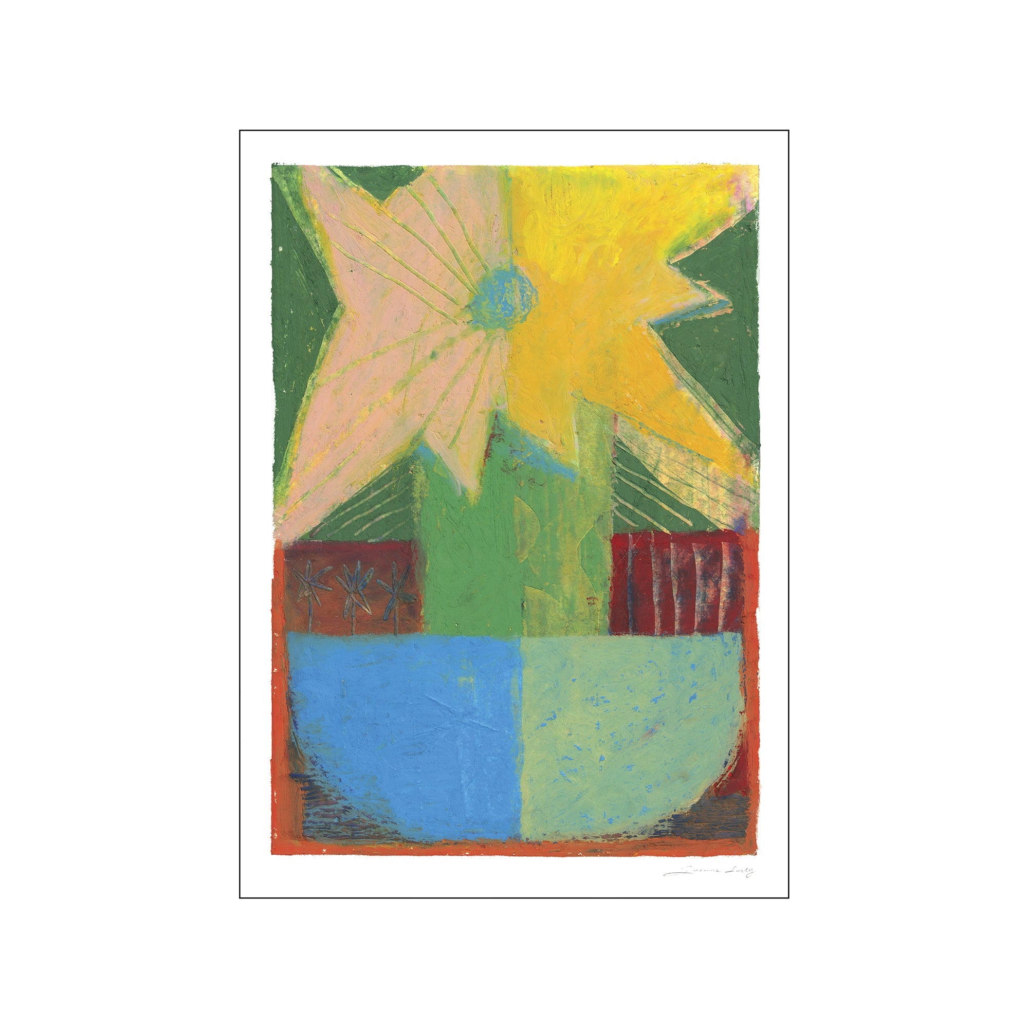 An abstract depiction of a flower in a pot, featuring bold strokes of yellow, pink, green, and blue. The artwork has a whimsical yet grounded feel, ideal for adding vibrant character to a room.