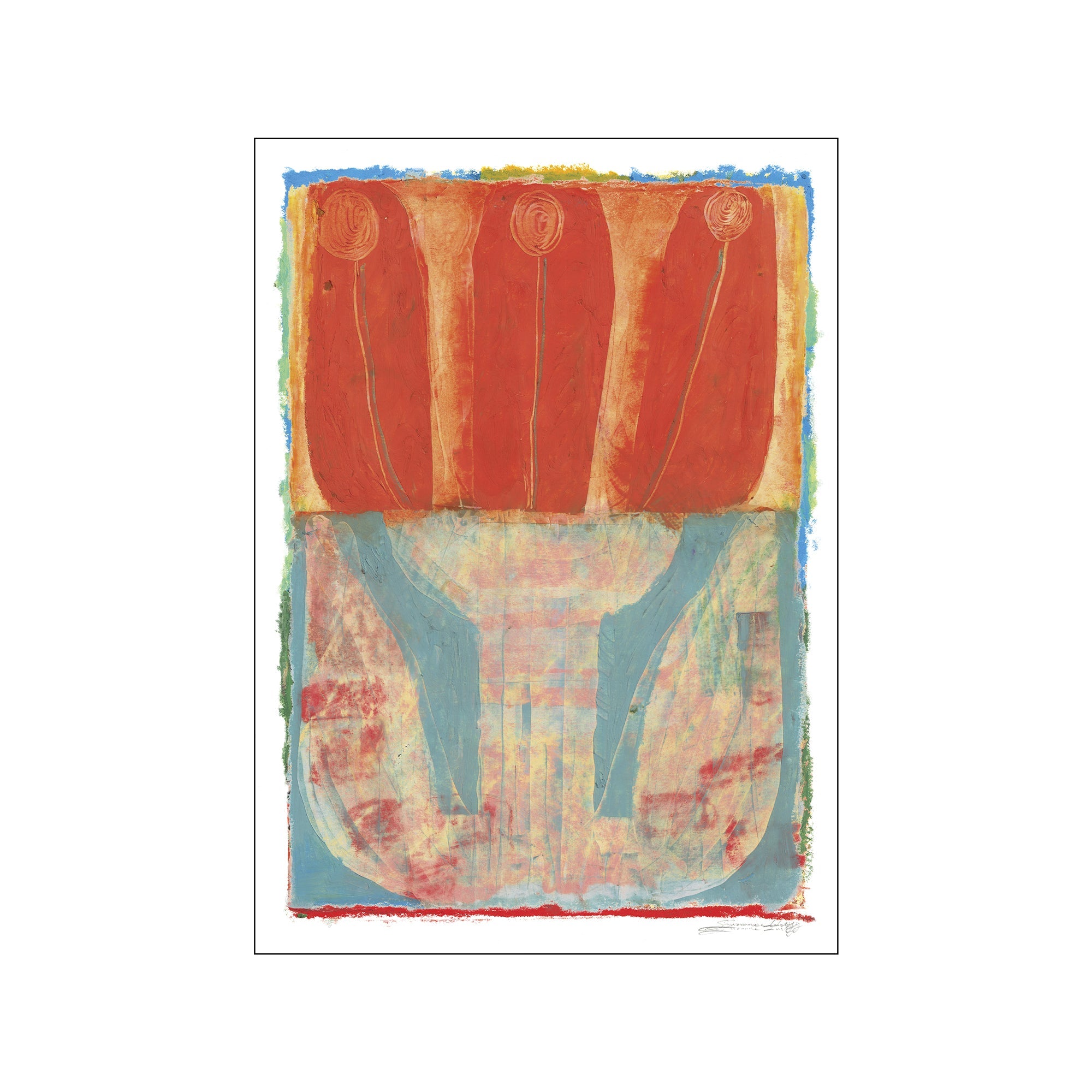 An abstract art piece by Suzanne Lustig featuring three tall, red, flower-like forms above a vase-like blue shape, with textured brushstrokes in red, yellow, and green, evoking a bold yet romantic atmosphere.