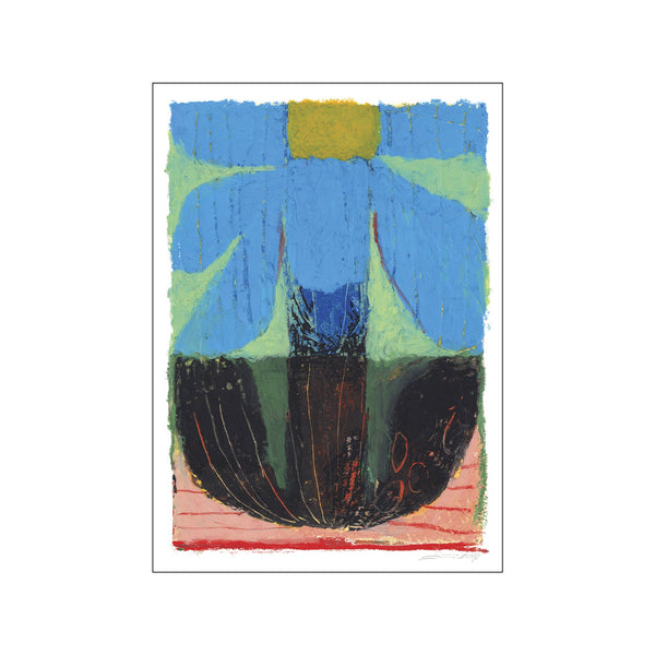 An abstract painting of a blue flower with a yellow center, set against a textured green background and a dark, patterned vase or pot. The base features pink and red horizontal strokes.