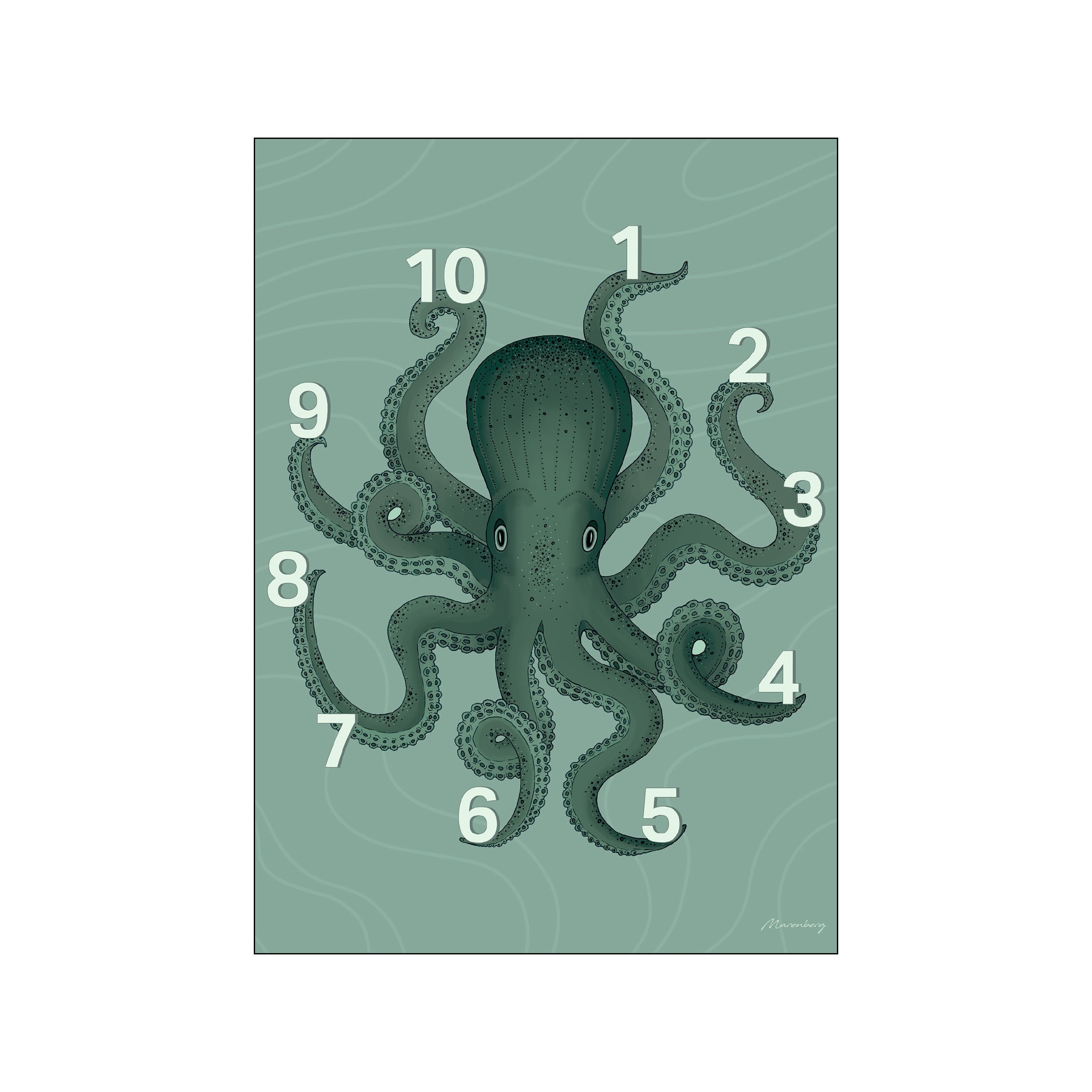 An artistic depiction of a deep teal octopus with its tentacles curled, numbered one through ten around its form, set against a muted sage green background with subtle wave-like lines.
