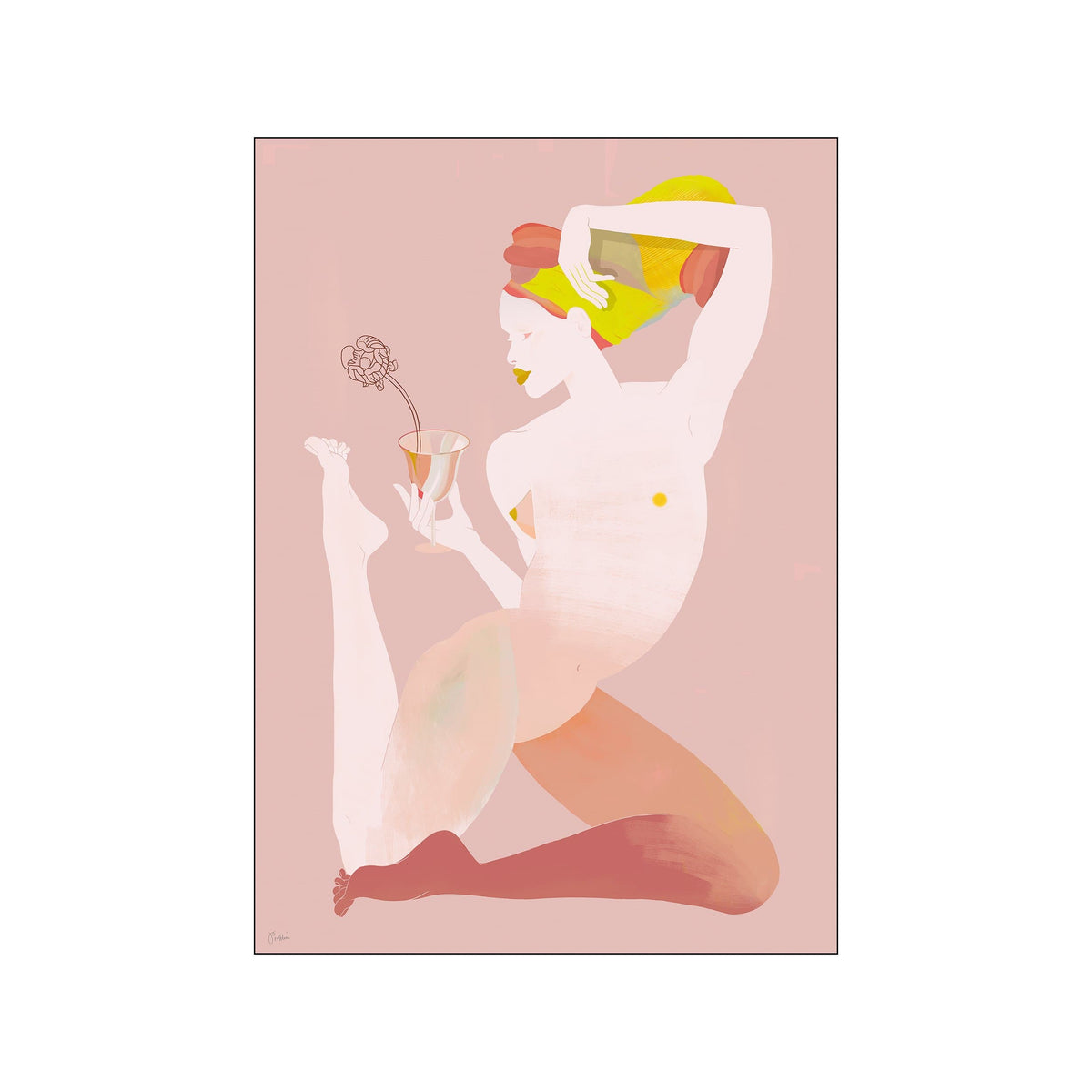 Abstract nude woman in blush pink with yellow head wrap, flower stem, and goblet