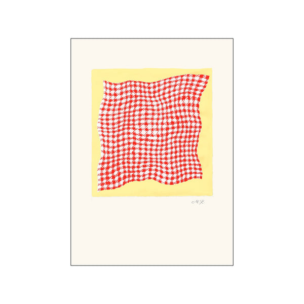 An abstract artwork featuring a crinkled, red and white checked textile pattern that appears to be draped over a soft, wavy edge, set against a pale yellow background with a cream border.