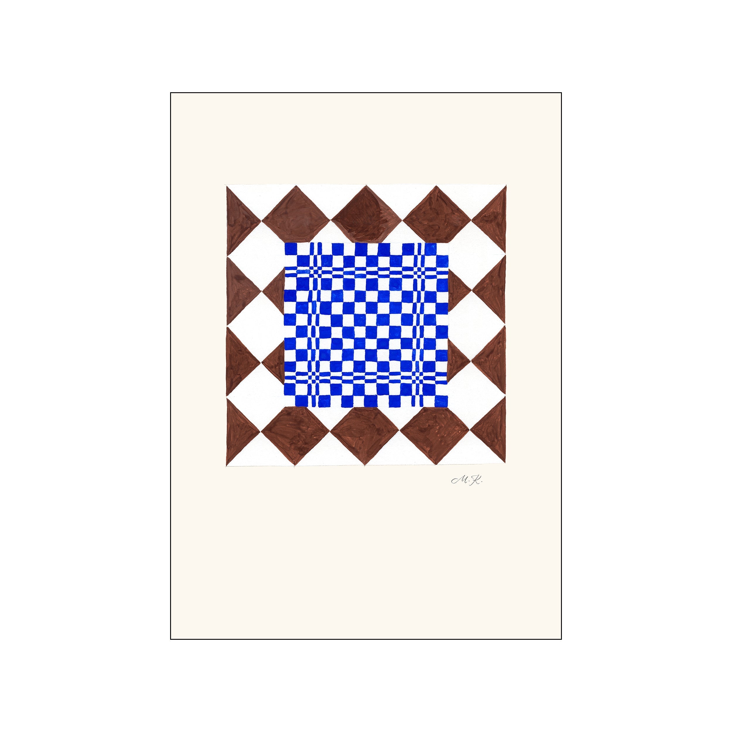 A framed art piece featuring a central cobalt blue checkered pattern bordered by alternating brown and white diamonds against a cream background, signed with 'M.K.'