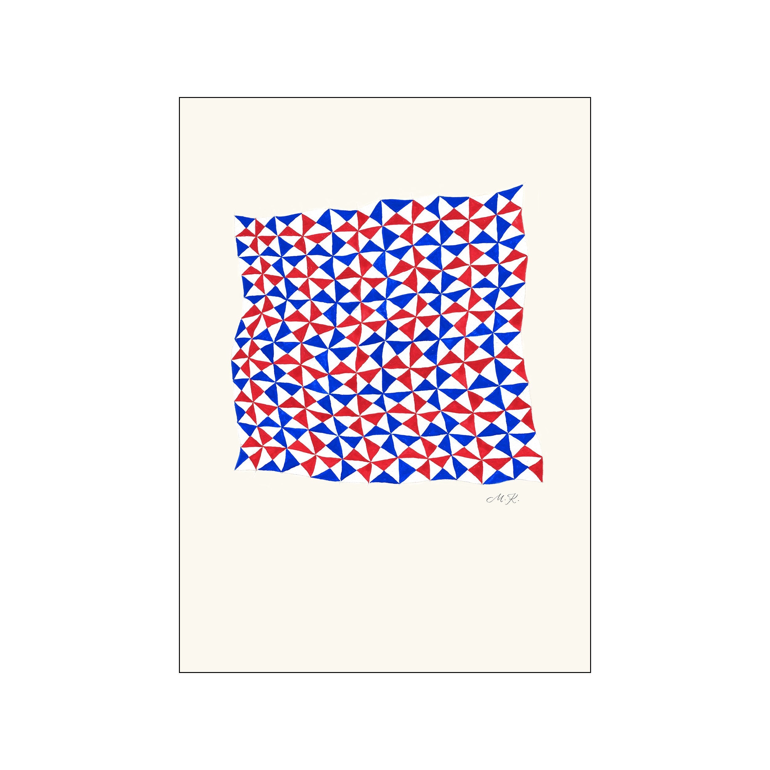 An abstract artwork featuring a tessellated pattern of red and blue triangles on a cream background, with a wavy top edge and the artist's signature in the lower right corner.