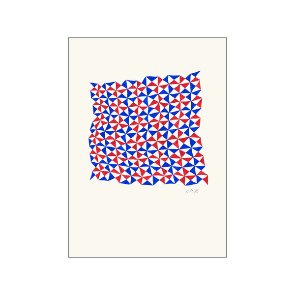 An abstract artwork featuring a tessellated pattern of red and blue triangles on a cream background, with a wavy top edge and the artist's signature in the lower right corner.