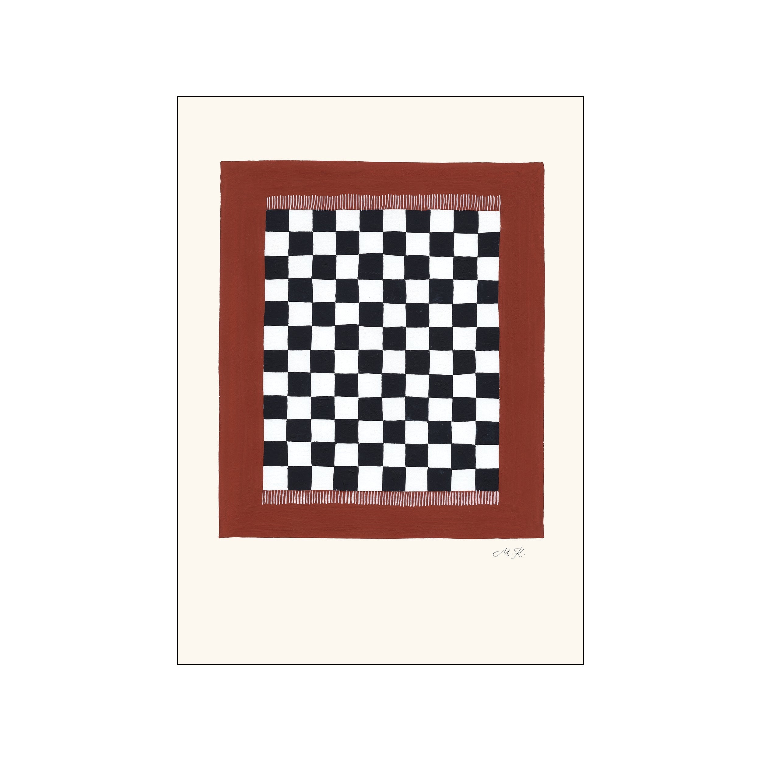 Abstract artwork with a black and white checkerboard pattern framed by a warm terracotta border, featuring subtle fringe details at the top. The piece has a minimalist and sophisticated vibe.