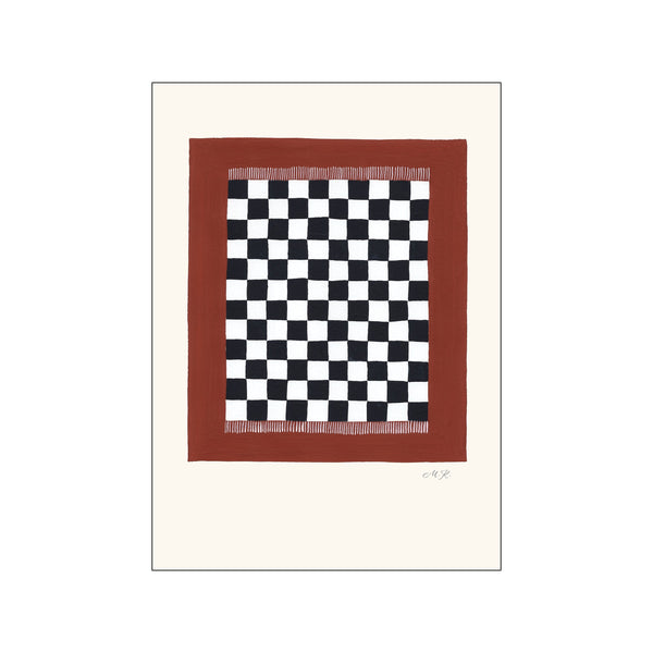 Abstract artwork with a black and white checkerboard pattern framed by a warm terracotta border, featuring subtle fringe details at the top. The piece has a minimalist and sophisticated vibe.