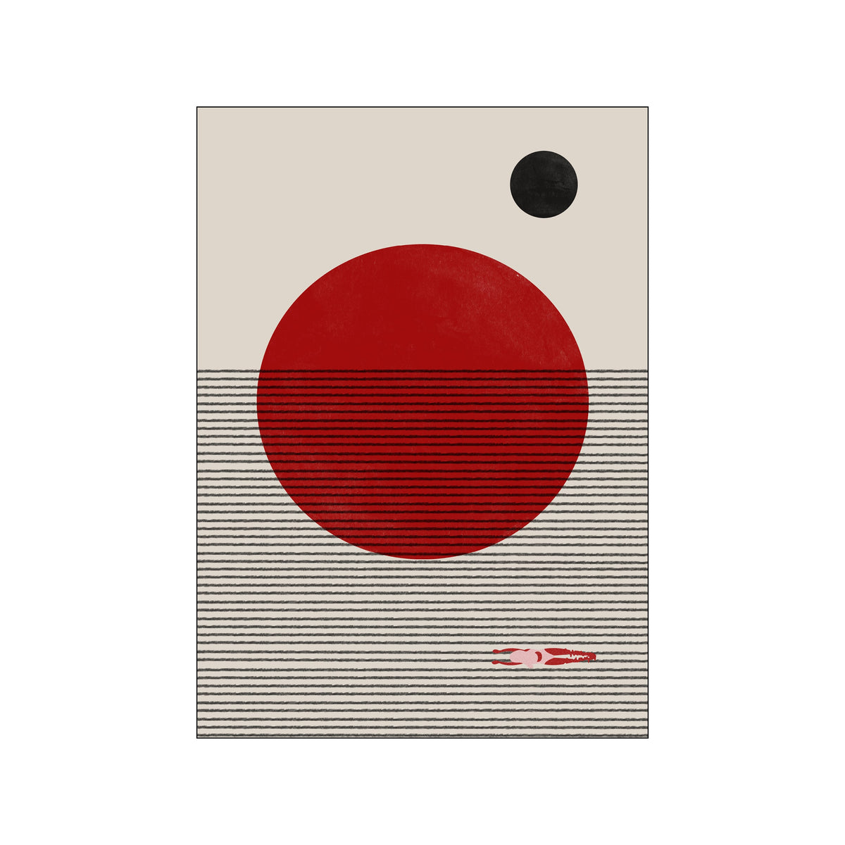 Retro poster with a swimming woman beneath a large red sun and striped beige field