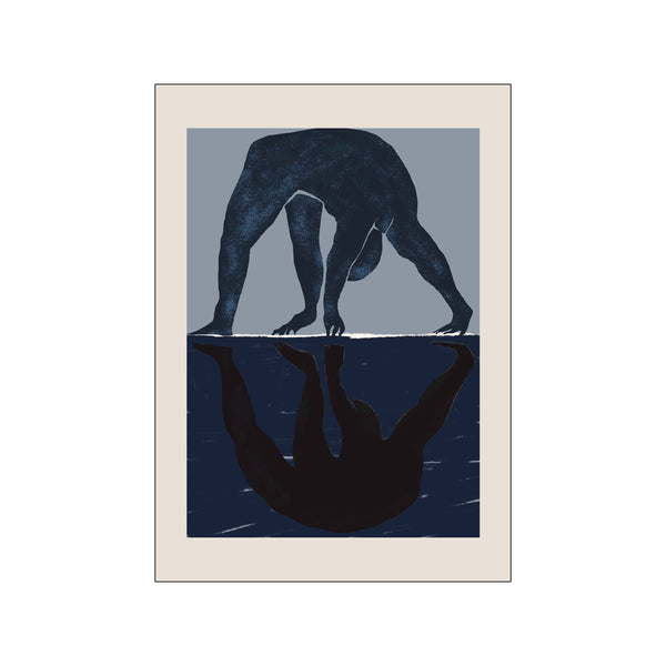 A silhouette of a person bending over is reflected upside down in dark blue water, contrasted against a soft grey and neutral background, creating a contemplative mood.