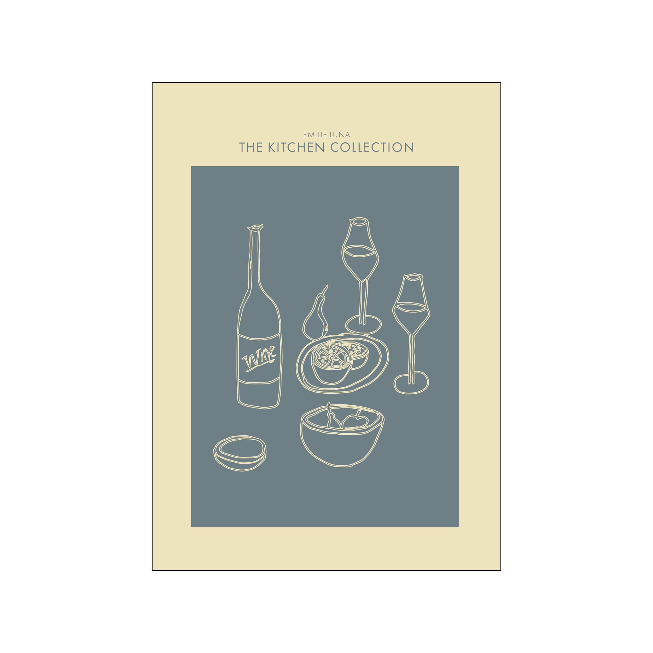 Minimalist kitchen still life with wine bottle, glasses, fruit, and bowls on blue