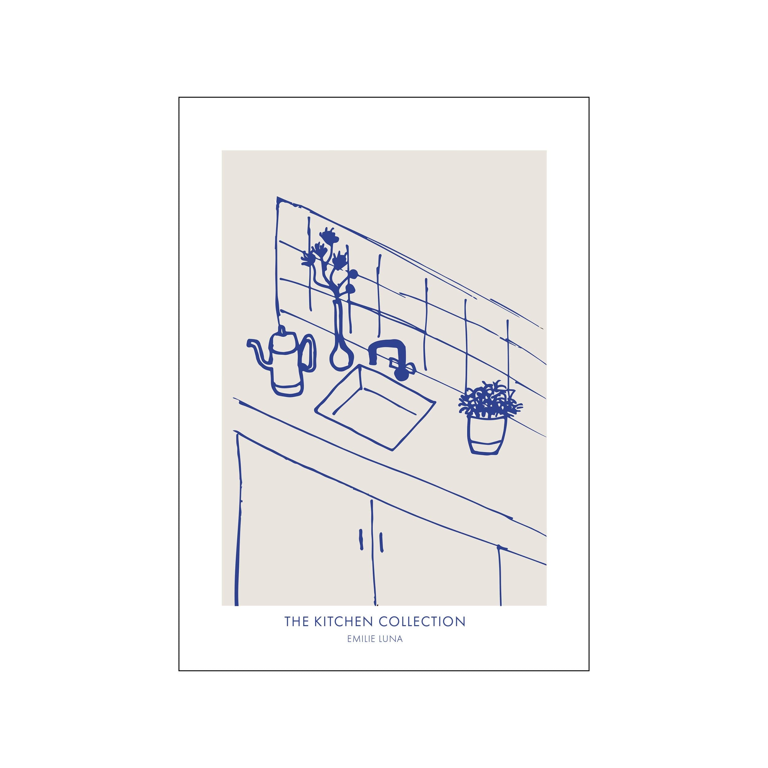 Blue line drawing of a kitchen sink, kettle, vase, and potted plant on beige