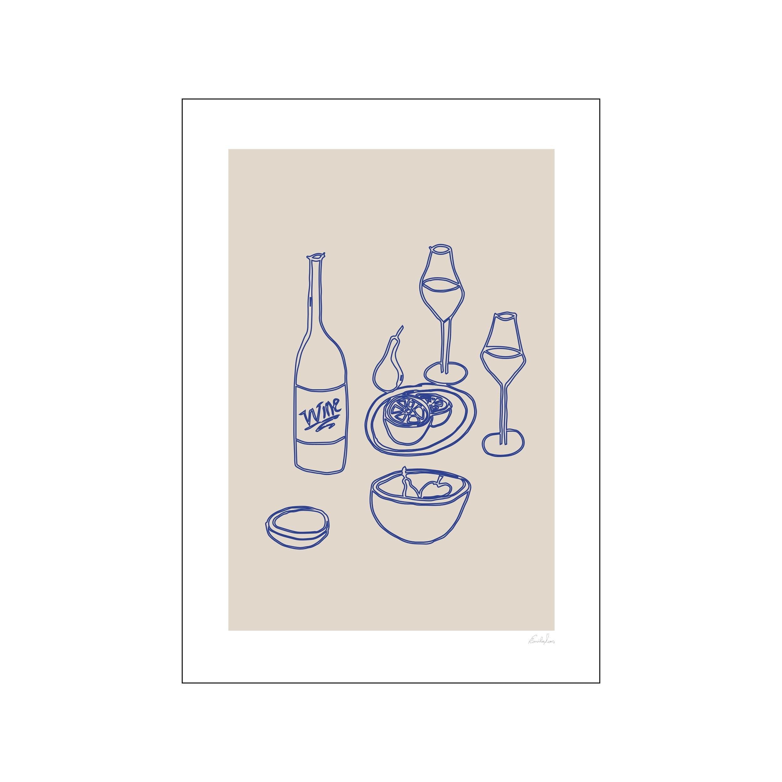 Blue line still life with wine bottle, glasses, fruit, and tableware on beige background