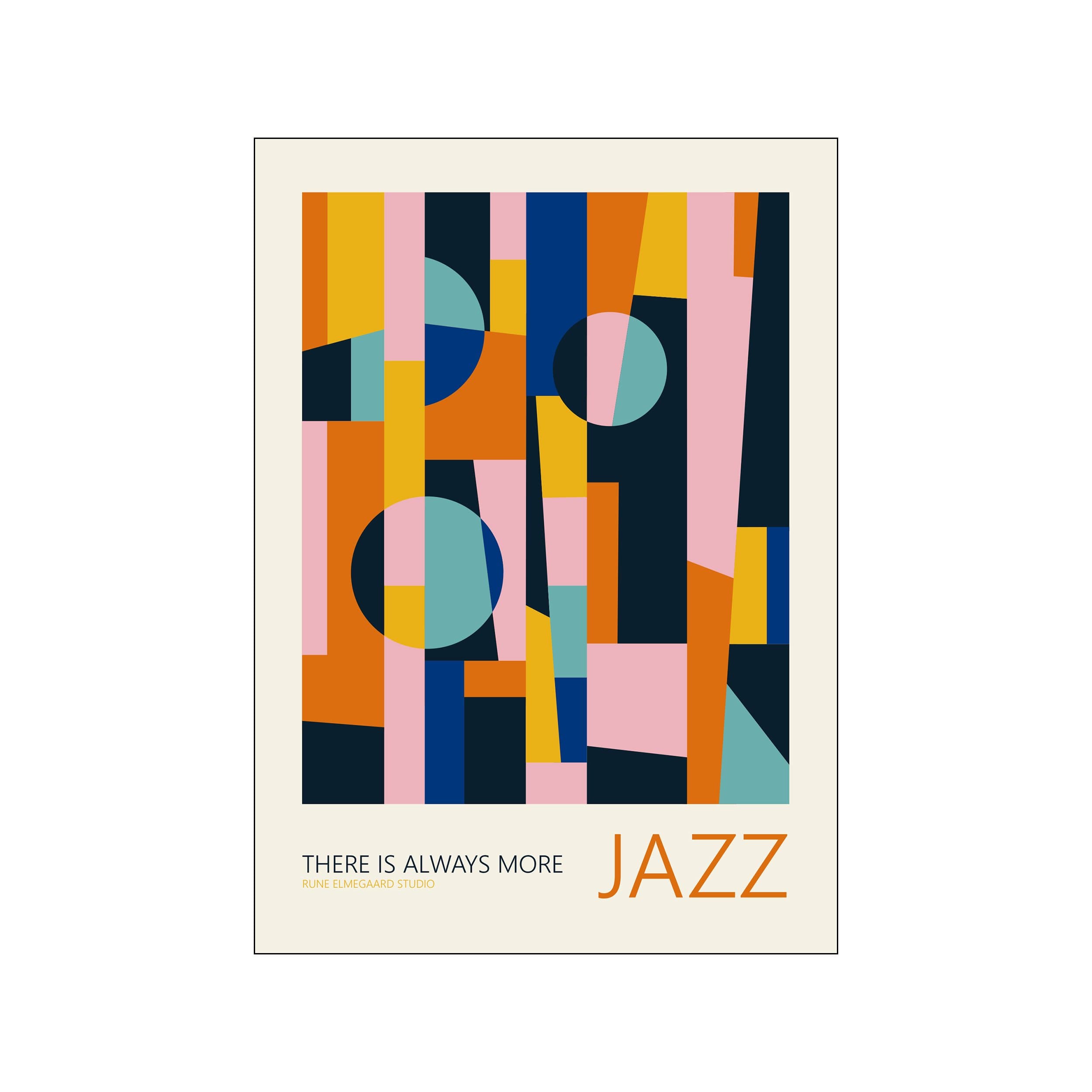 Abstract geometric poster with navy, pink, orange, yellow, and teal blocks and circles