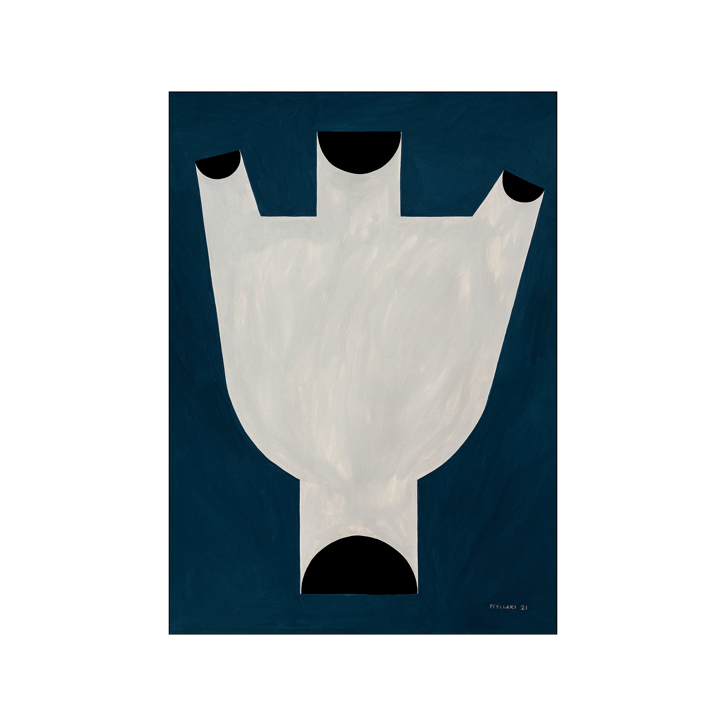 Abstract artwork featuring a creamy, off-white vase-like shape with black crescent accents against a deep indigo background, evoking a modern, serene, and sophisticated mood.