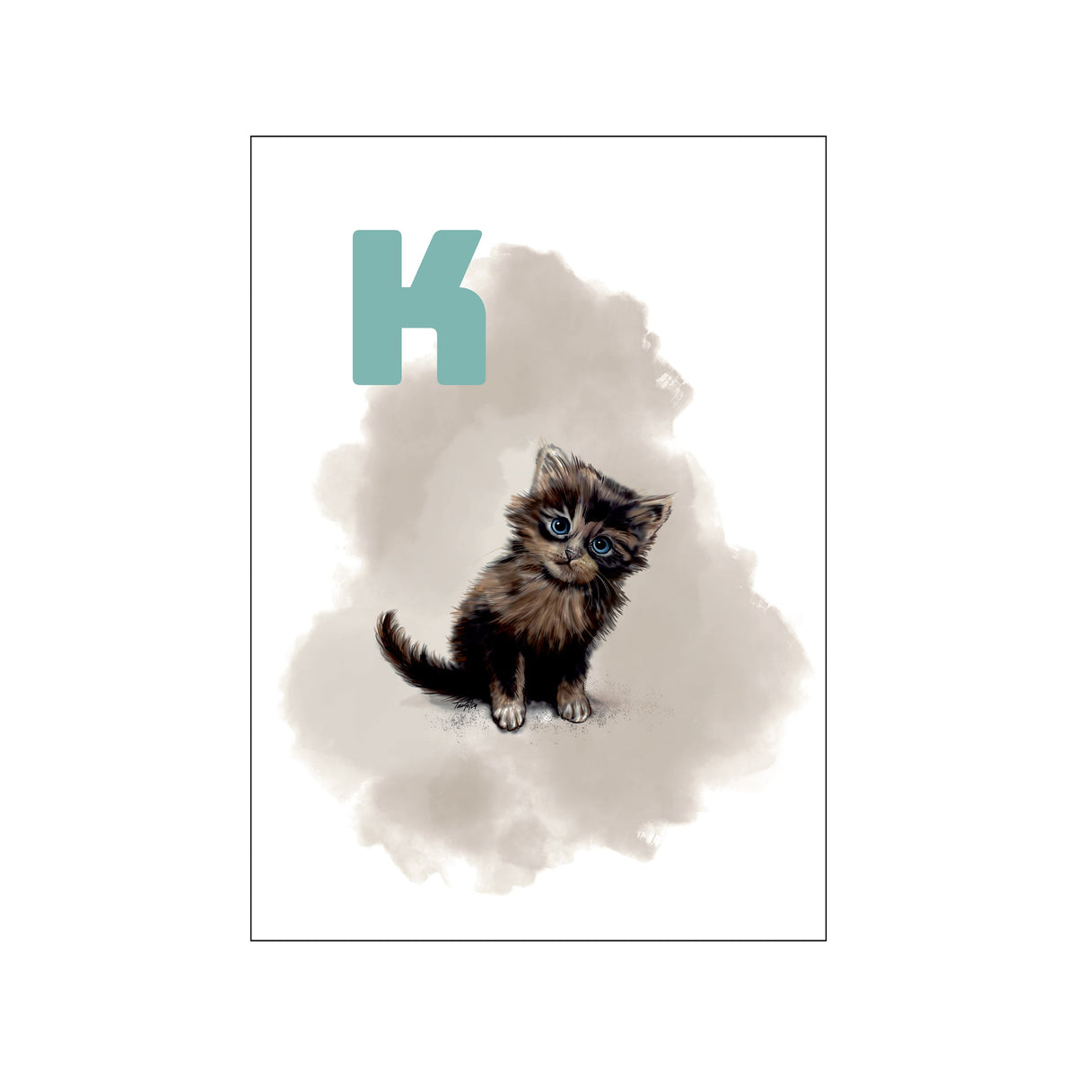 A curious, fluffy kitten with wide blue eyes sits against a soft taupe watercolor-like background. A large, light blue letter 'K' is positioned above the kitten, adding a whimsical touch to the composition.