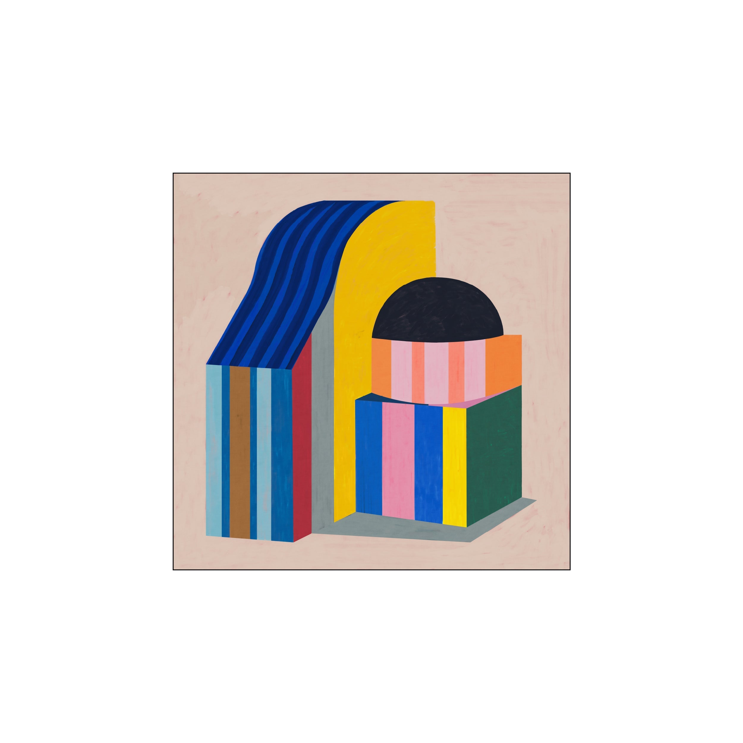 Abstract composition with geometric shapes and bold stripes in blue, yellow, pink, and green against a soft beige background, evoking a playful yet sophisticated vibe.