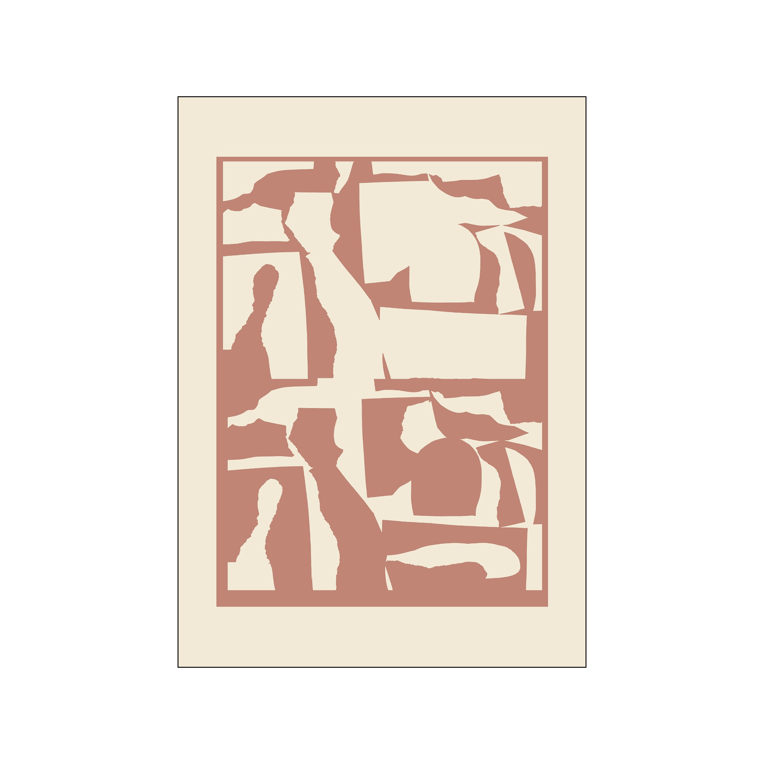 An abstract composition featuring irregular shapes and torn edges in soft beige and terracotta hues, creating a layered, organic feel that suggests a modern collage.