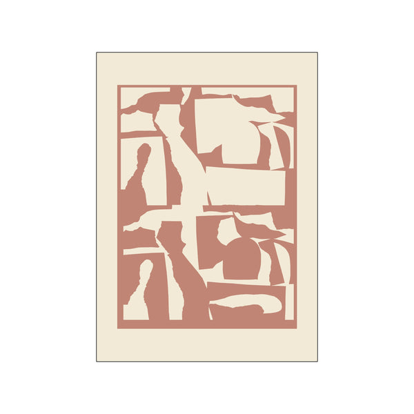 An abstract composition featuring irregular shapes and torn edges in soft beige and terracotta hues, creating a layered, organic feel that suggests a modern collage.