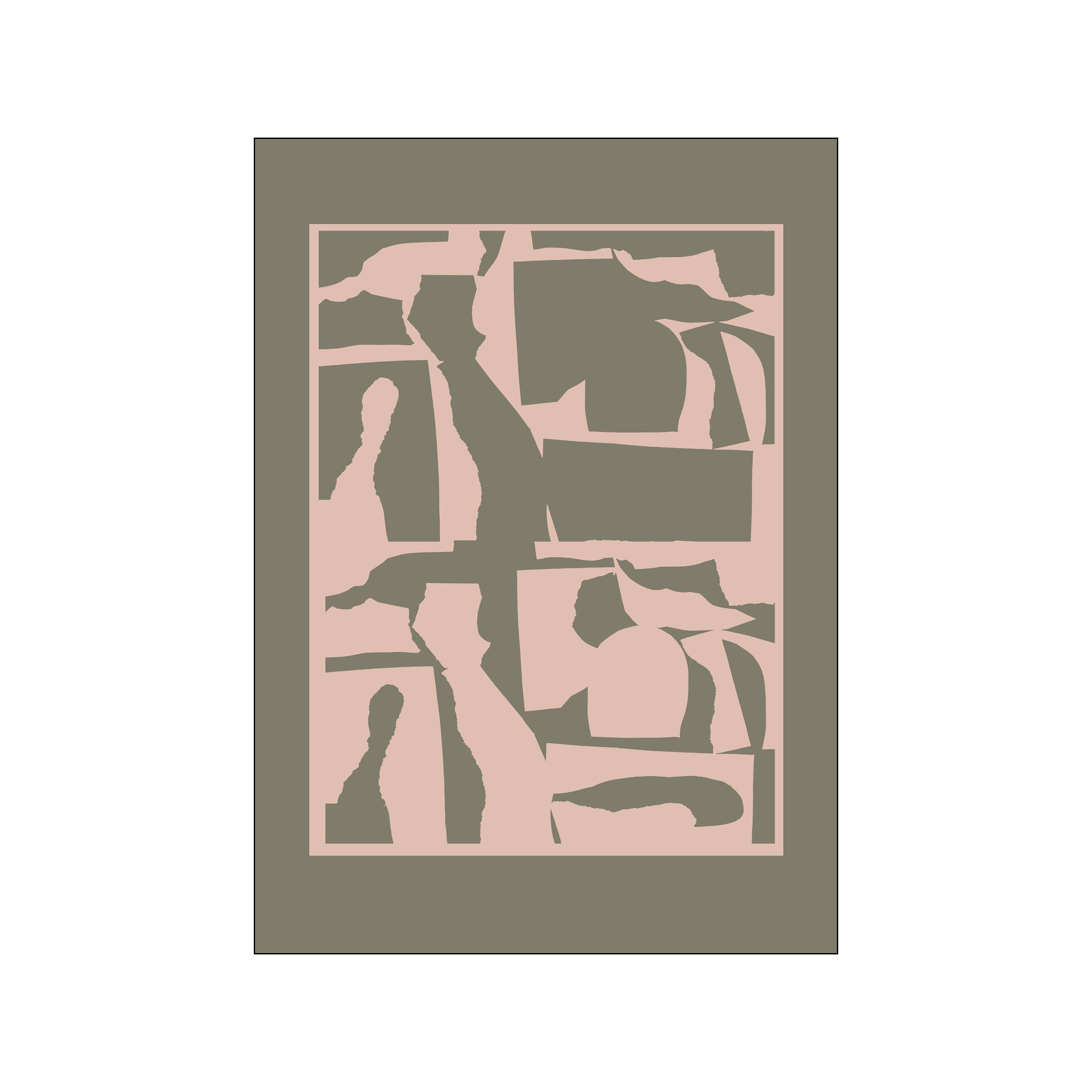 An abstract composition featuring torn shapes in muted green and blush pink, layered to create depth and visual interest, adding a serene, modern touch to a space.