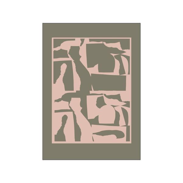 An abstract composition featuring torn shapes in muted green and blush pink, layered to create depth and visual interest, adding a serene, modern touch to a space.