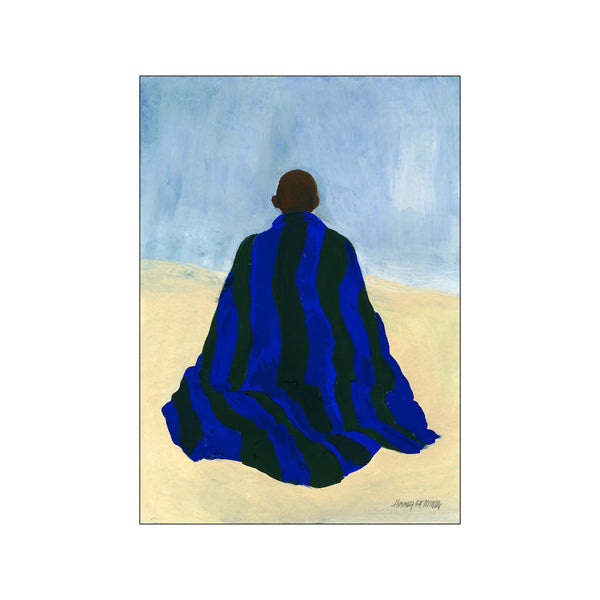 A painting of a figure from behind, wrapped in a blue and dark green striped blanket, sitting on a pale ground against a soft blue sky, evoking peace and contemplation.