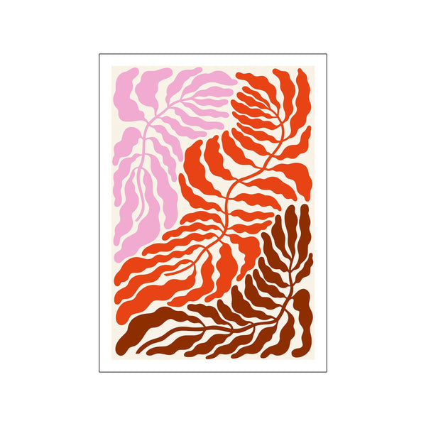 Abstract composition featuring flowing, wavy leaf-like shapes in coral, pink, and deep brown against a cream background, evoking a sense of organic movement and warmth.