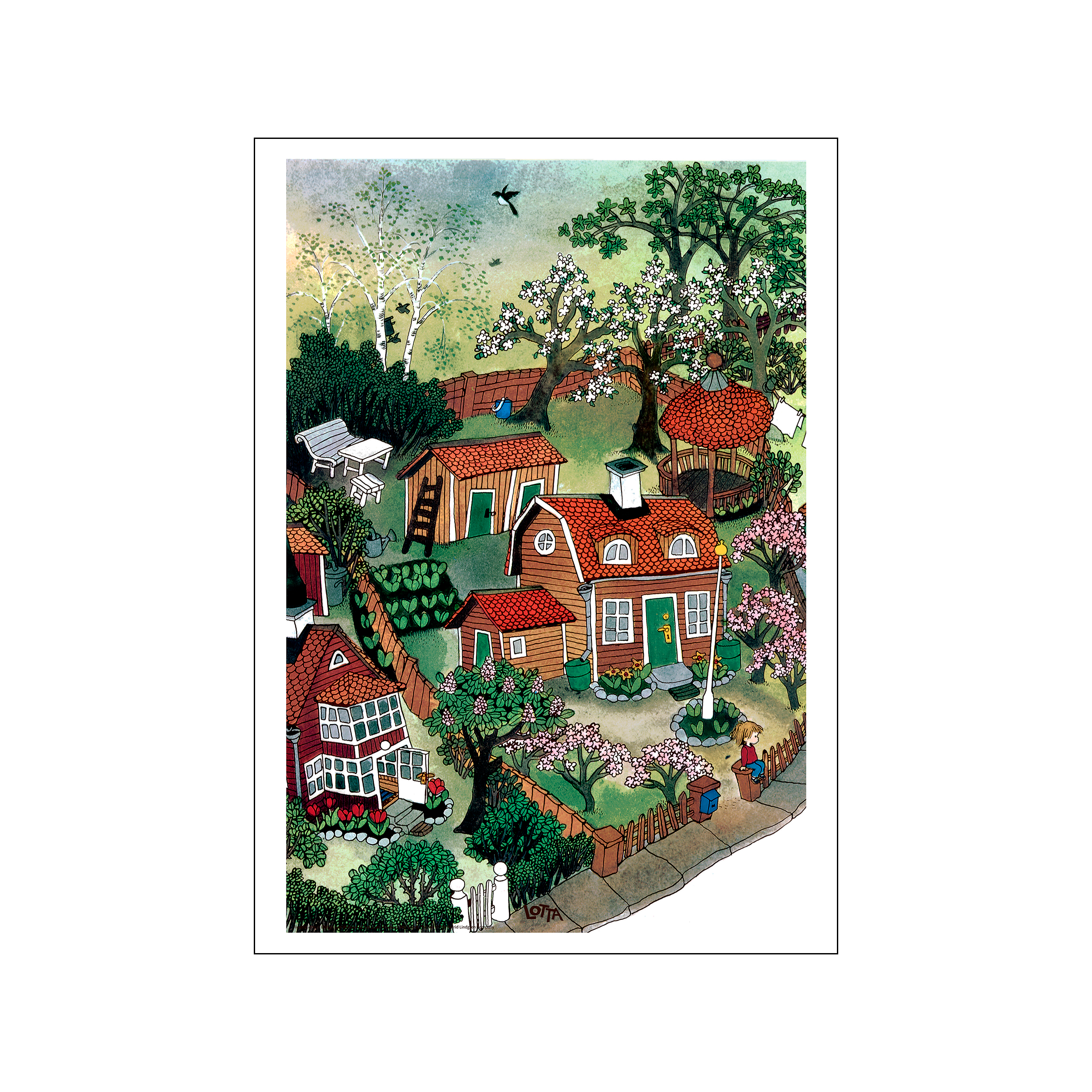Pastel storybook neighborhood with red roofs, flowering trees, and a child by the fence