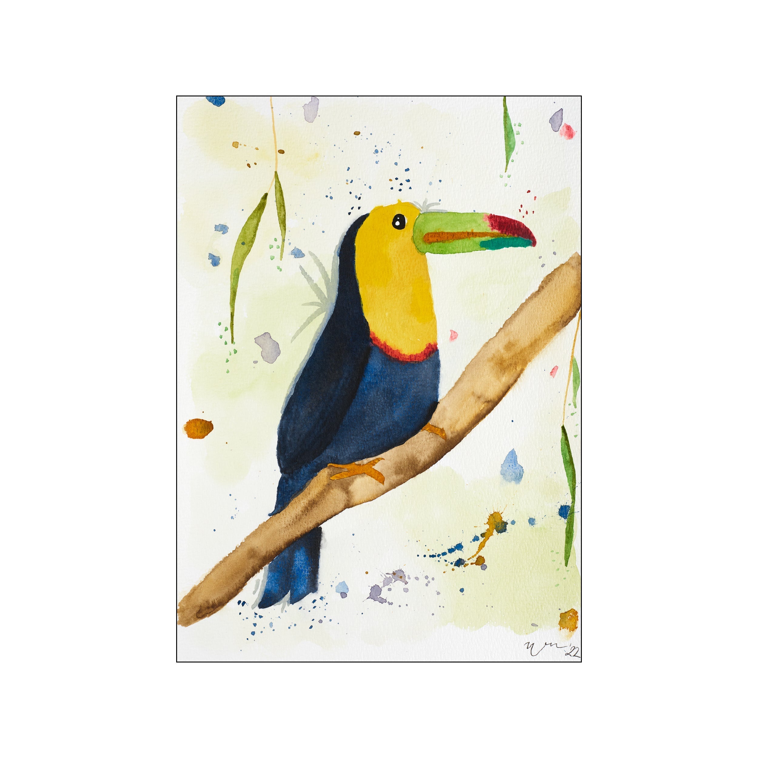 A watercolor painting of a toucan with a bright yellow chest and a striking green, red, and blue beak, perched on a branch with soft green leaves and abstract splashes of color in the background.