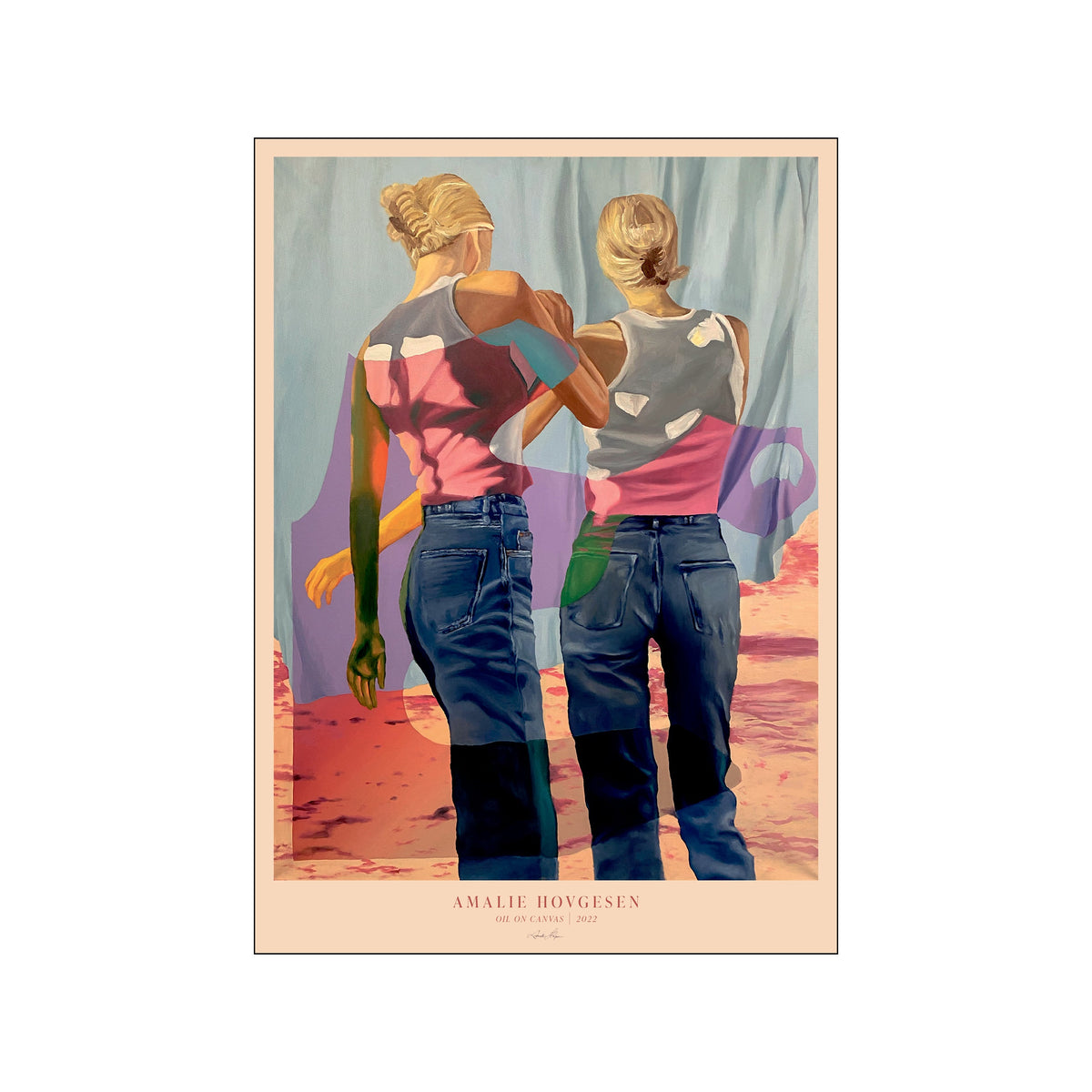 Colorful figurative painting of two women seen from behind in jeans and sleeveless tops