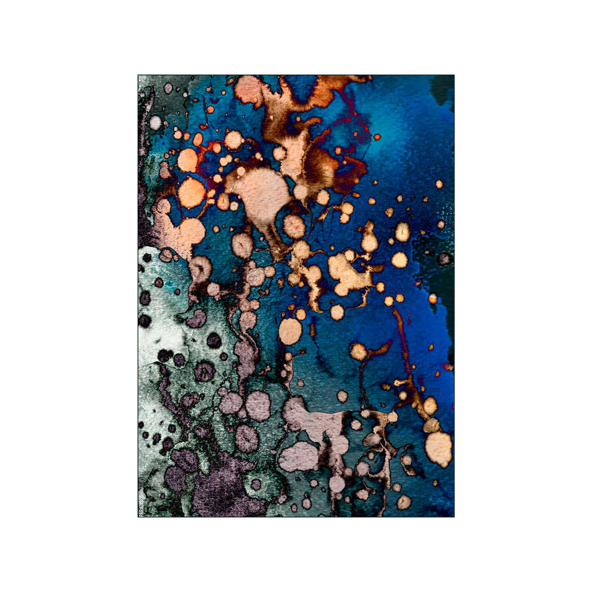 Vertical abstract print with deep blue, teal, and copper organic forms